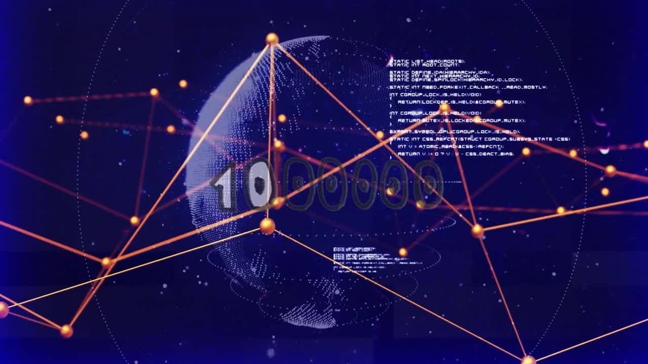 Animating digital network mesh around wireframe globe showing numeric overlay and code snippet