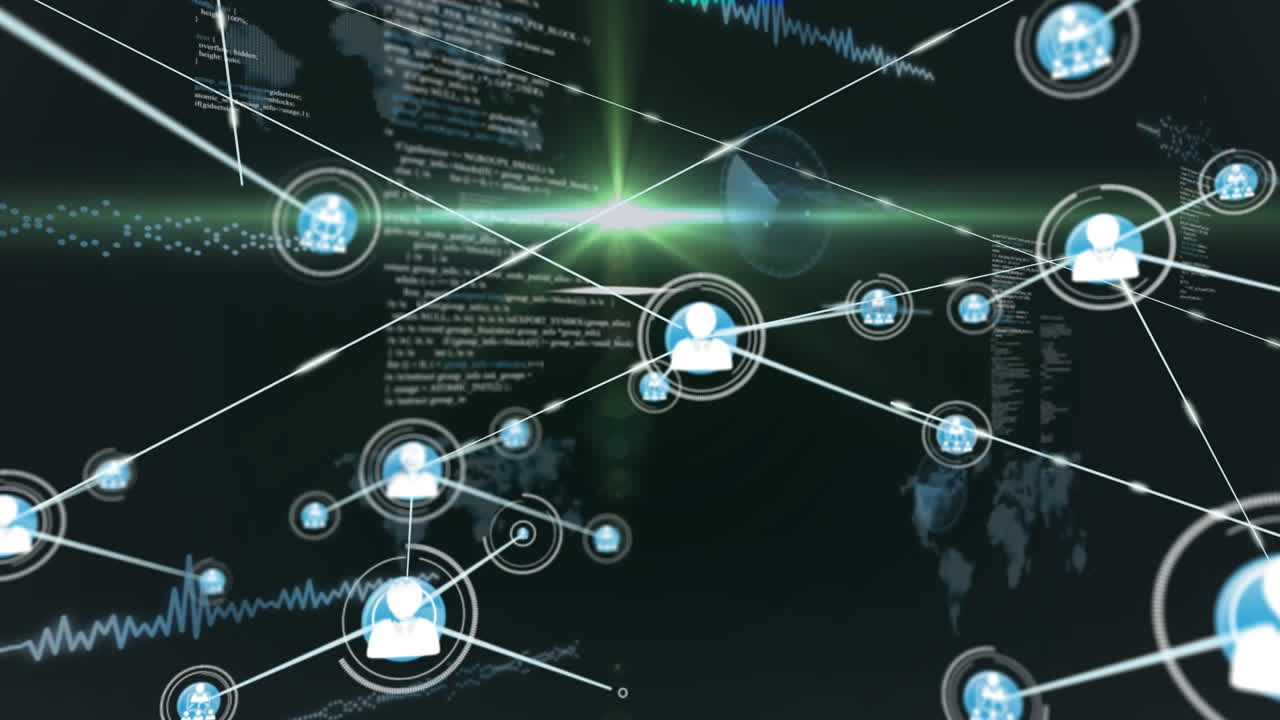 Animation of network of connections with icons over data processing on black background
