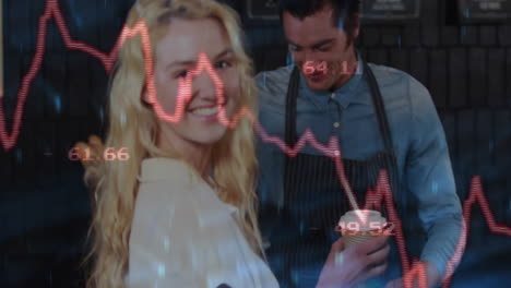 Customer turning back smiling at coffee shop, barista holding cup with red finance graph overlay