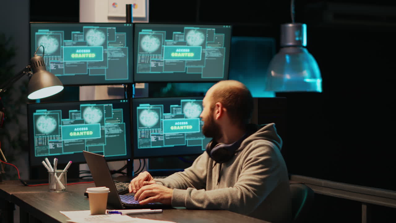 Hacker working on cybersecurity in a dark office