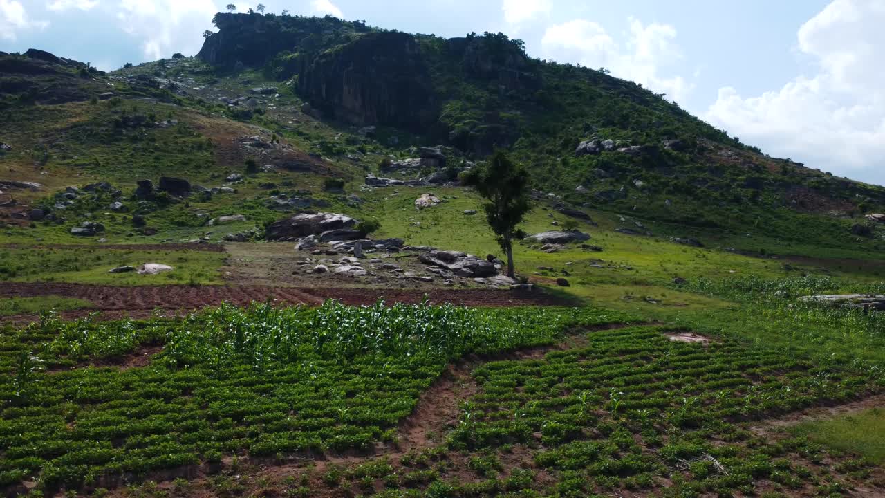 Rocky hill landscape with trees and green vegetation seen from elevated drone in Abuja Nigeria, passing farmland