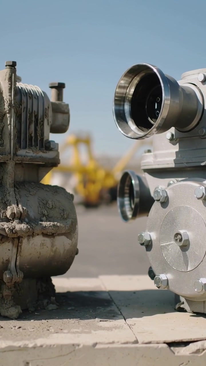 Vertical video: Shifting camera framing two pumps on cracked base in yard, focusing polished flange