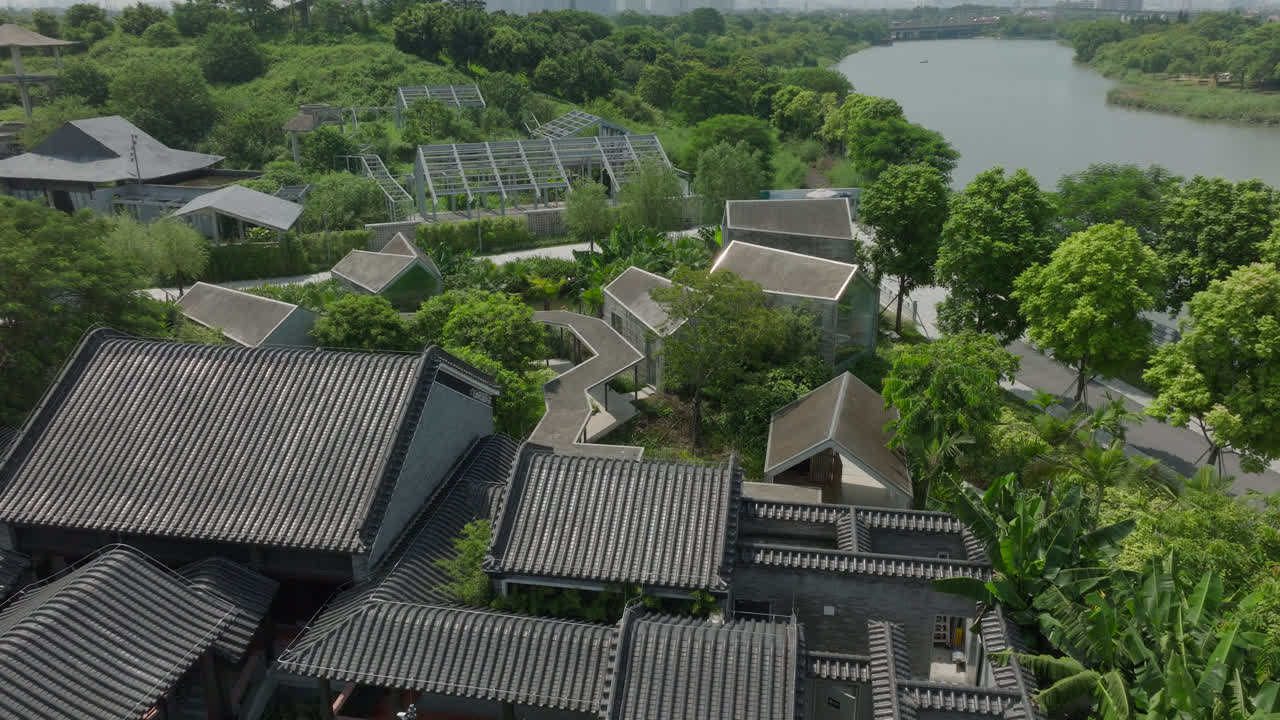 고대 동양 건축물. 공중 드론 촬영.