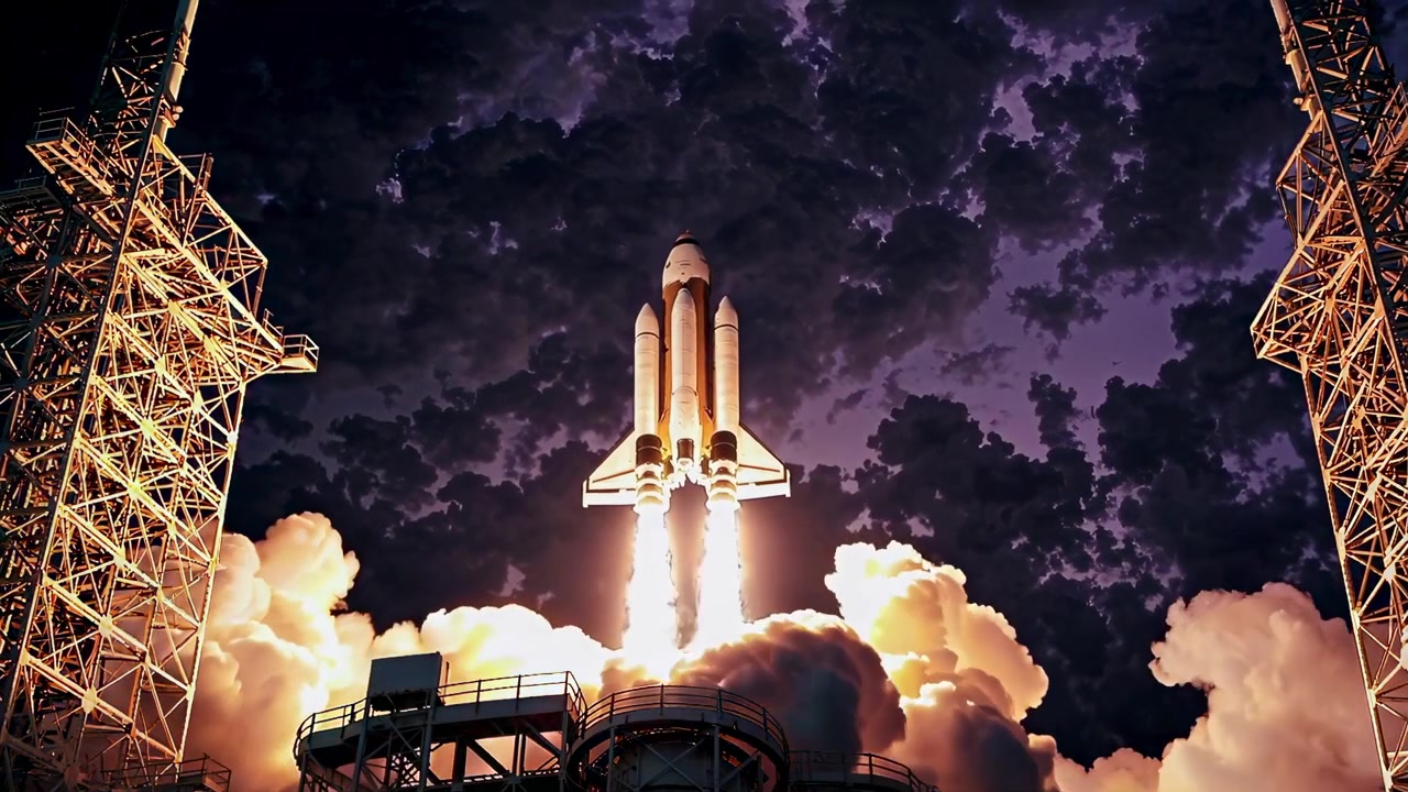 Spettacolare lancio dello Space Shuttle con scarico infuocato e cielo scuro