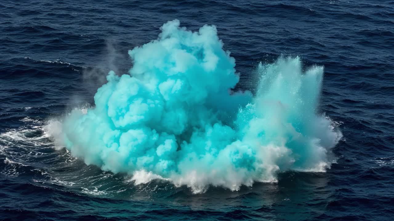 A Vibrant Explosion of Turquoise Smoke in the Ocean: Capturing the Awe-Inspiring Moment of Colorful Clouds Rising Above the Waves in a Dynamic Seascape