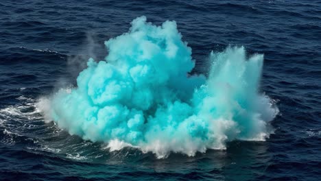 a vibrant explosion of turquoise smoke in the ocean: capturing the awe-inspiring moment of colorful clouds rising above the waves in a dynamic seascape