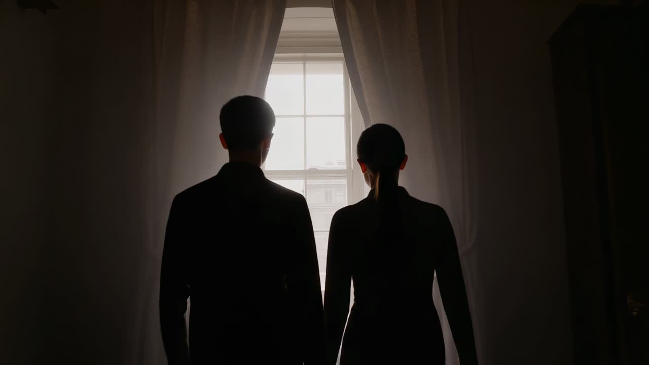 Entering suit-clad couple walking to tall sash window in dim room, holding hands, gazing outward