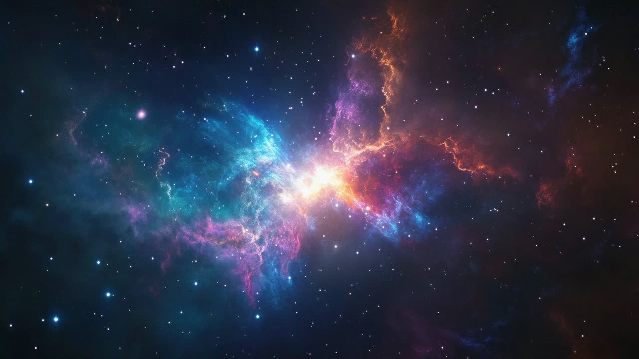 A cosmic video scene capturing a vibrant nebula from a wide-angle perspective, showcasing swirling