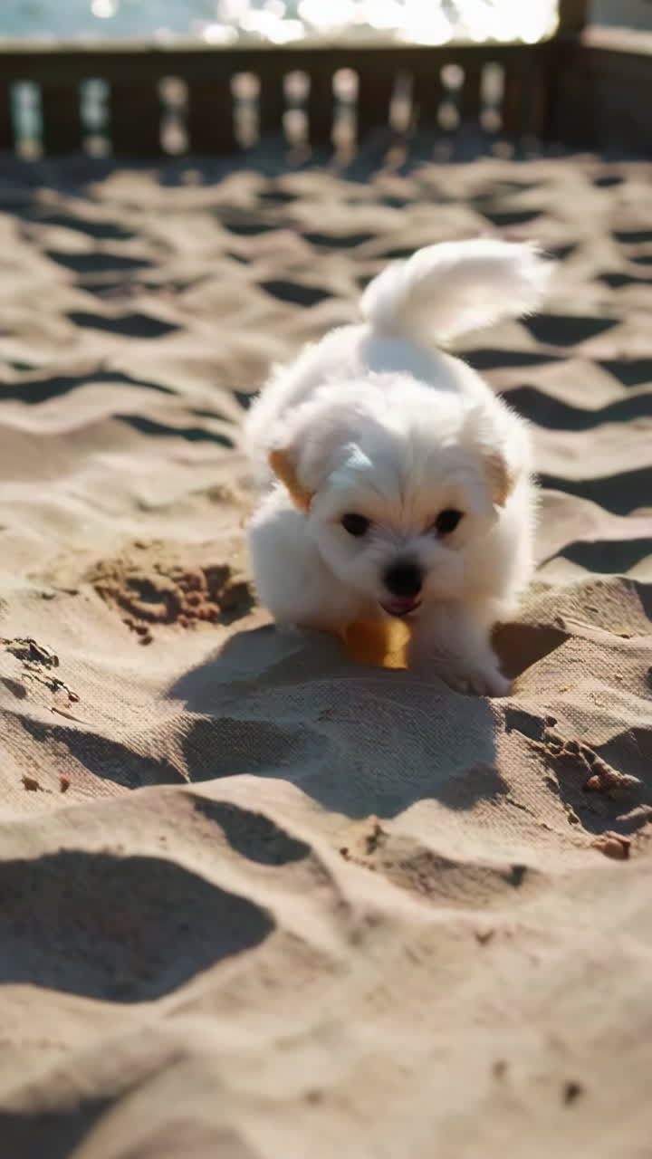 Cute White Puppy Playing on the Beach