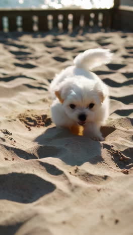 cute white puppy playing on the beach