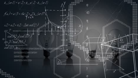 animation of light bulbs with scientific formulae and data processing