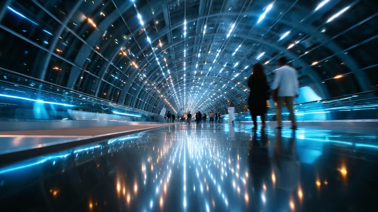 A Stunning Visual Journey Through a Modern, Luminous Airport Terminal, Showcasing Travelers Amidst a Spectacular Display of Lights and Reflective Surfaces, Creating a Vibrant Atmosphere of Movement and Design