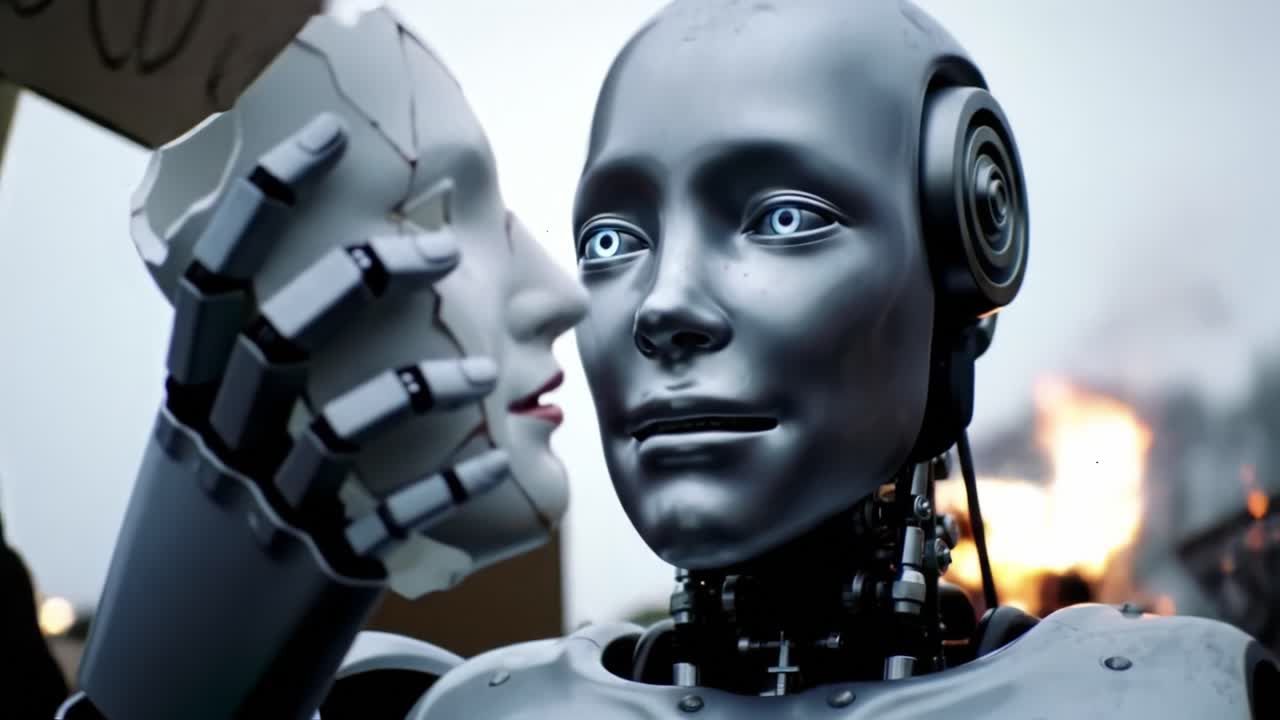 Emotional Duality in Robotics: A Reflective Exploration of Humanity's Connection with Machines as They Hold a Humanlike Face, Signifying Complex Relationships and Emerging Technology