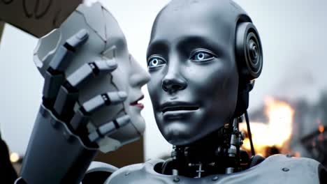 emotional duality in robotics: a reflective exploration of humanity's connection with machines as they hold a humanlike face, signifying complex relationships and emerging technology