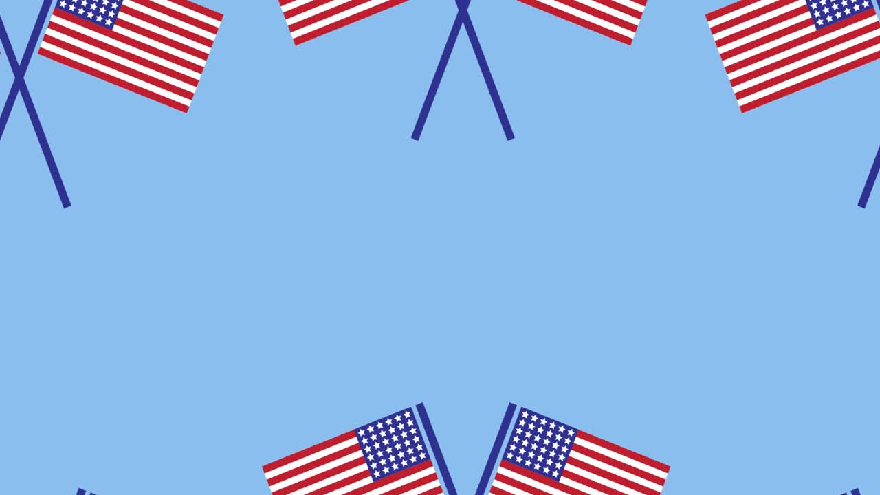 Animation of american flags moving over blue background