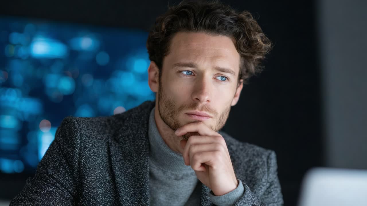 Pensive Professional Contemplating Thoughts in a Modern Office Setting with a Digital Background, Reflecting on Strategy and Innovation