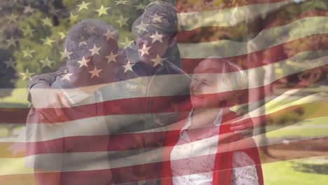 Caucasian-US-soldier-family-with-US-flag-waving-foreground