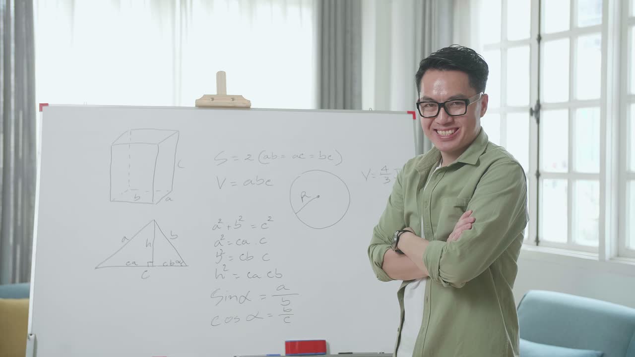 Asian Male Teacher With Glasses Crossing Arms And Smiling To Camera While Teaching Math At Home