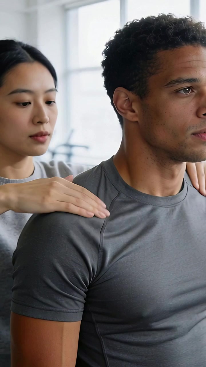 Vertical video: Placing hands woman behind man rubbing neck shoulder gym easing tension gray shirt