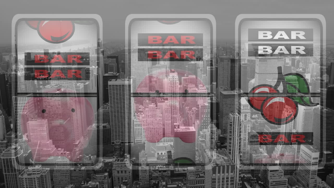 도시 풍경 위의 카지노 과일 기계의 애니메이션