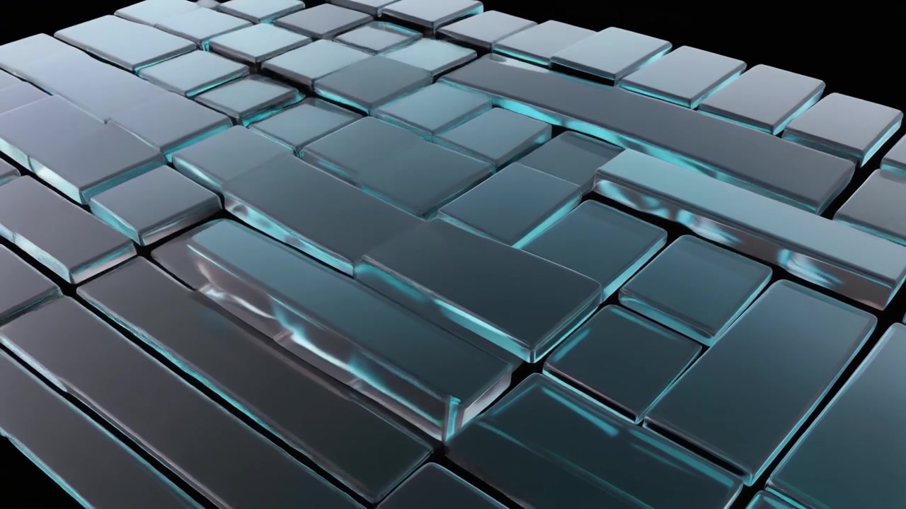 Abstract Animation of Glowing Blue Glass Blocks Forming a Grid