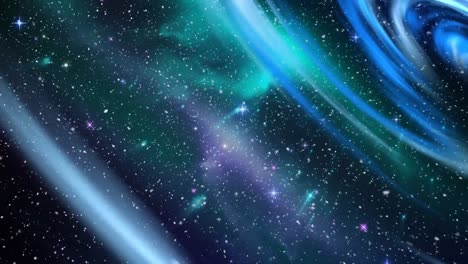 Animation-Von-Weihnachtsschnee,-Der-über-Wirbelndes-Blaues-Und-Weißes-Licht-Und-Sternenklaren-Nachthimmel-Fällt