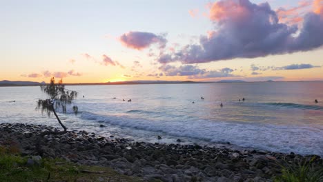 surfistas y turistas nadando en la playa en noosa heads, australia en una puesta de sol