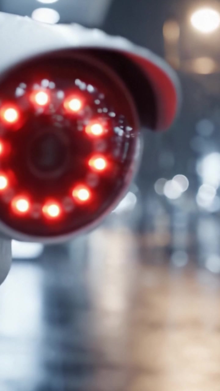 Una visione ravvicinata di una complessa telecamera di sorveglianza che evidenzia le sue luci LED rosse e il design elegante in un ambiente urbano