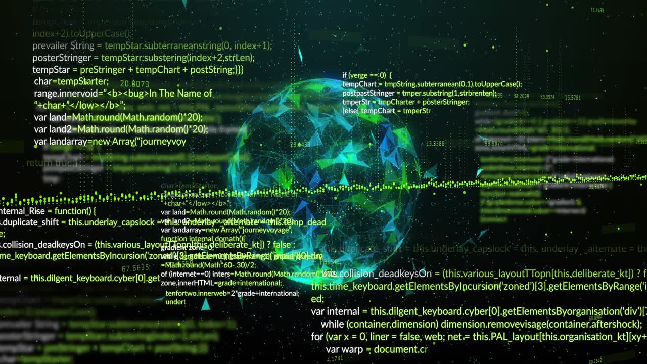 Glowing blue-green sphere materializing and pulsing while code streams boosting data visualization