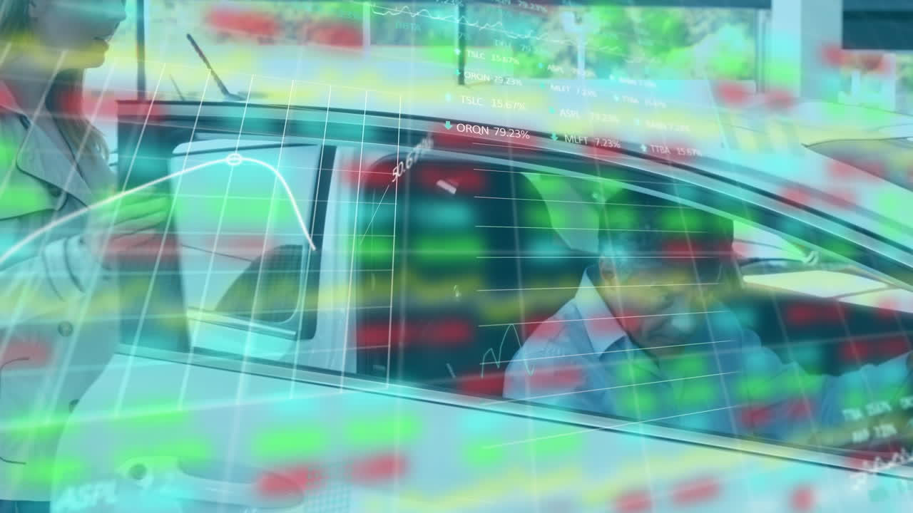 la animación muestra datos sobre covid-19 mientras un hombre habla con una mujer, entrando en un coche.