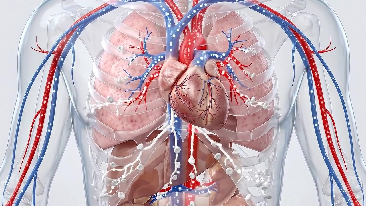 Parte superiore del corpo umano con arterie, vene, cuore e polmoni dettagliati su sfondo bianco.