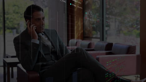 animation of financial data processing over latin businessman in office