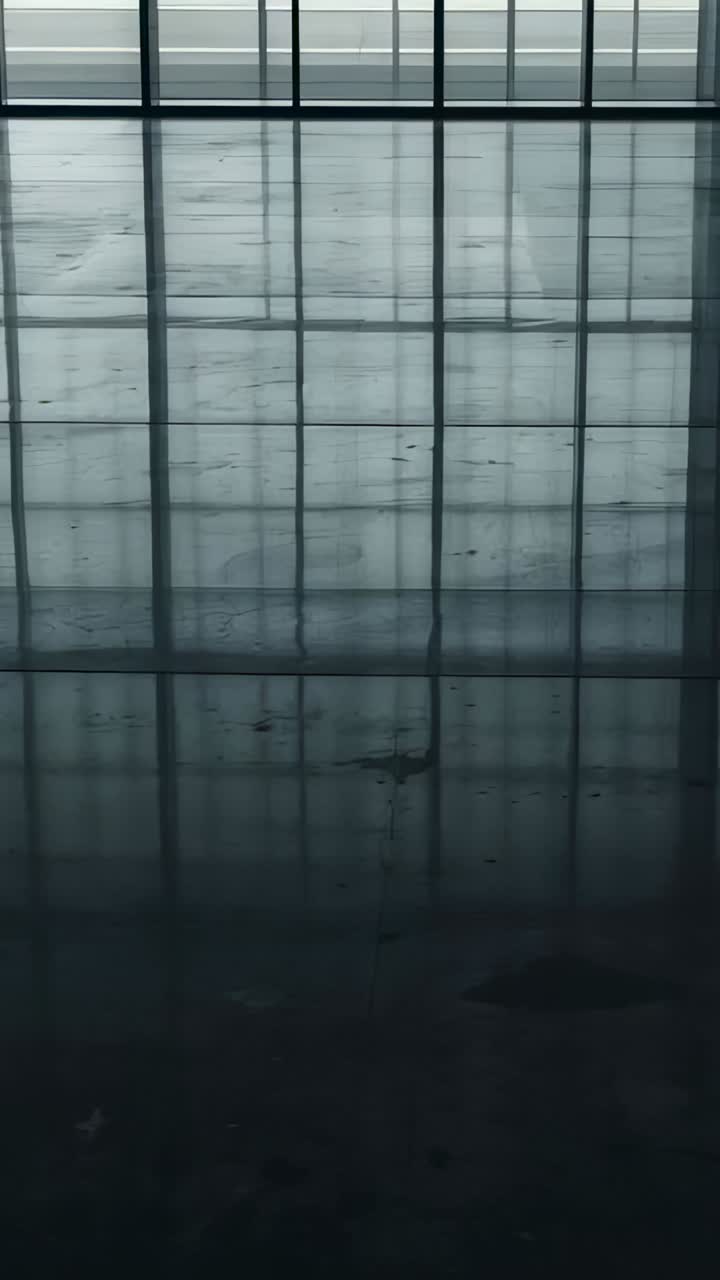 Video verticale: telecamera inclinata che mostra un pavimento lucido in un corridoio vuoto, rivelando una griglia di finestre e macchie