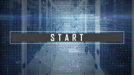 animation of start text banner, globe of network of connections, data processing against server room
