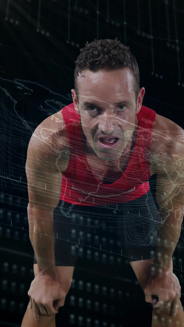 Video vertical: Atleta inclinándose y respirando con dificultad durante el entrenamiento, activando un mapa de RA en el pecho.
