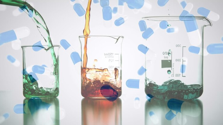 Becher riempiti con liquido e capsule