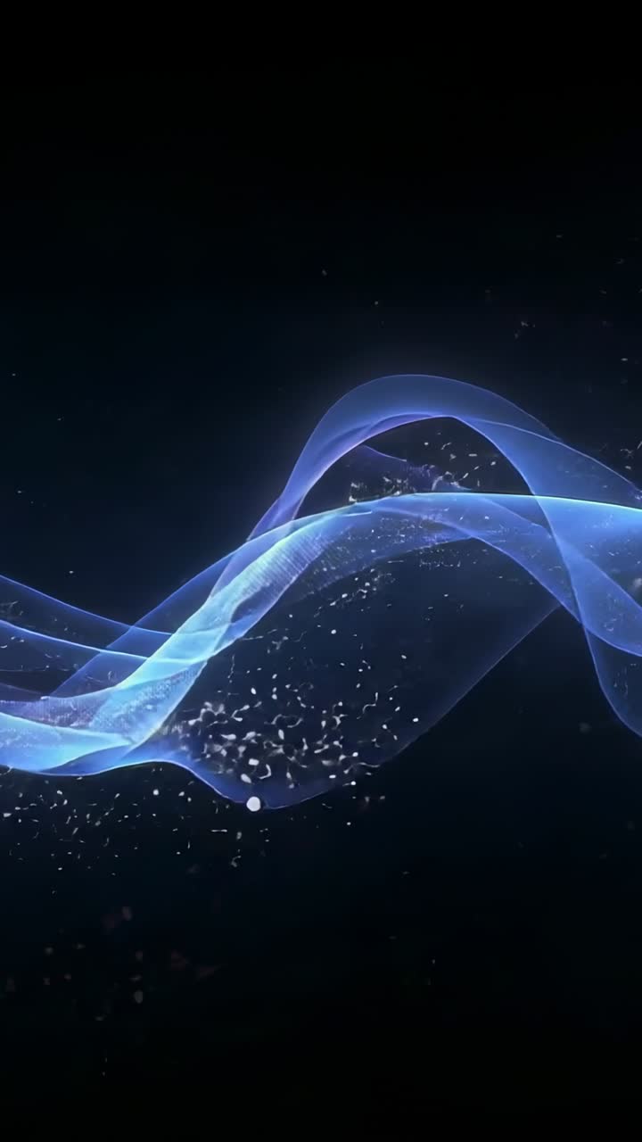 Vertical video: Entering from left, two translucent ribbons crossing dark void, trailing particles
