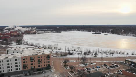 Aerial,-frozen-Wisconsin-River-during-winter-season-in-Stevens-Point,-Wisconsin