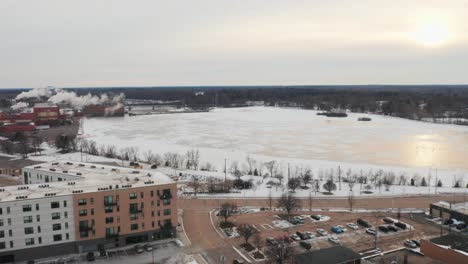 aerial, frozen wisconsin river during winter season in stevens point, wisconsin