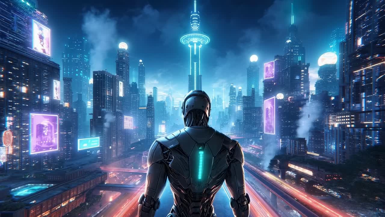 Futuristic cityscape video concept with a robot from a rear angle, neon-lit skyline