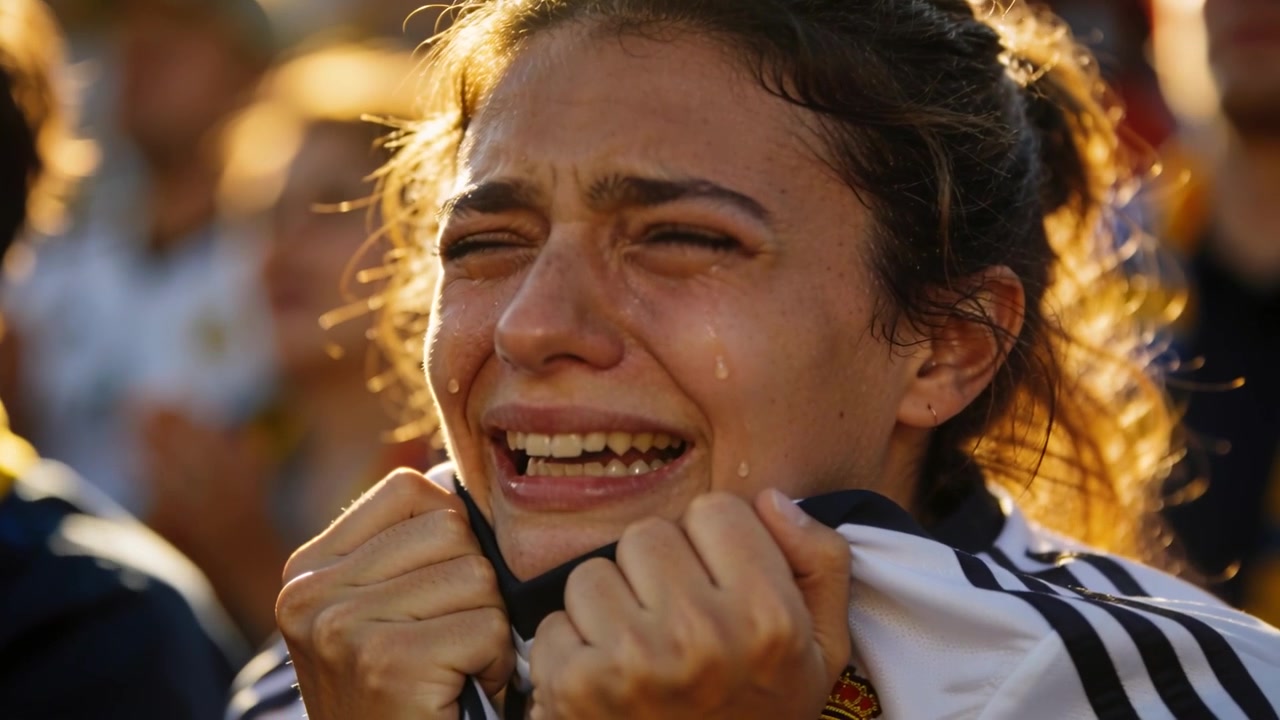 Donna con la maglia bianca del Real Madrid che stringe la maglia, singhiozzando nello stadio dopo la partita