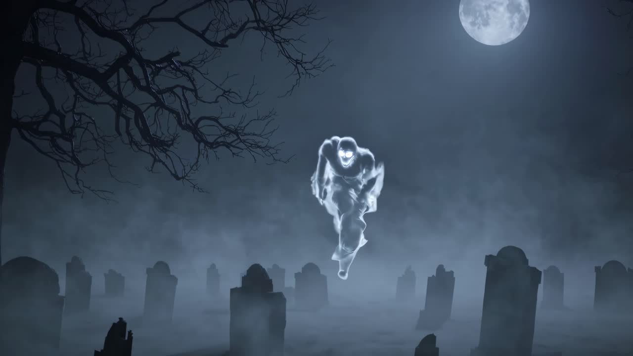 A ghostly figure hovers over a foggy graveyard under a full moon