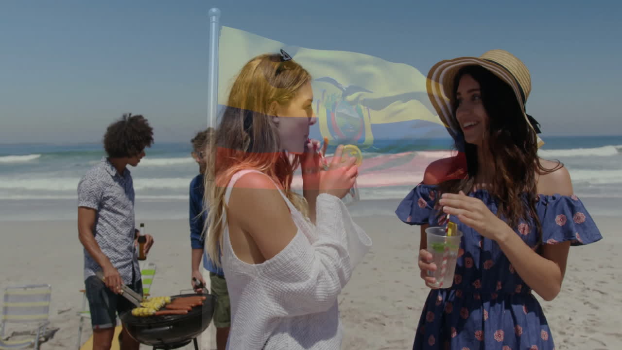 Beach barbecue with Ecuador flag overlay, people grilling and socializing together