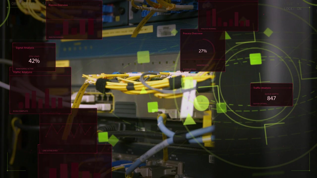 Green HUD shapes animating from right, adding red stats over network rack, yellow fiber, monitoring