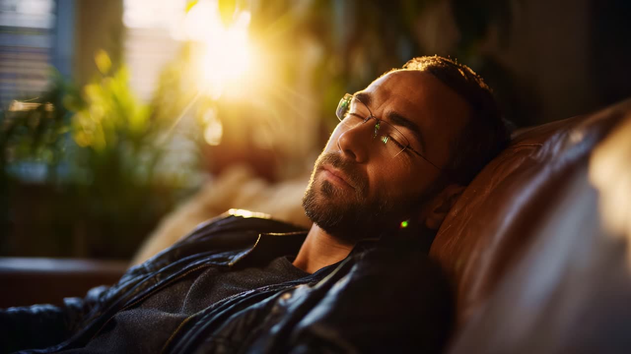 En mand ligger på en sofa og nyder det gyldne sollys, der skaber en kontrast mellem fredfyldt ro og øjeblikkets varme, og indfanger en rolig atmosfære af afslapning.