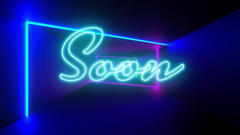 Animation-Des-„Soon“-Textes-In-Blauem-Neon-Mit-Bunten-Neonlichtstrahlen,-Die-Sich-Auf-Schwarzem-Hintergrund-Bewegen