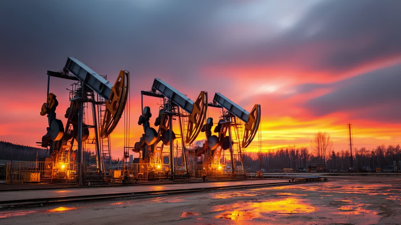Bir petrol pompaları tarlası üzerinde büyüleyici bir gün batımı, endüstriyel makinelerin güzelliğini turuncu ve mor tonlarındaki canlı bir gökyüzüne karşı yakalıyor.