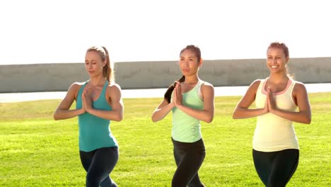 mujeres deportivas sonrientes haciendo yoga juntas