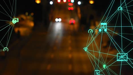 Digital-composite-video-of-network-of-connection-with-interface-icons-against-road-traffic-at-night-