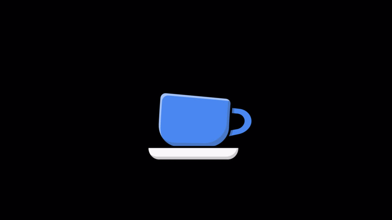Tazza di caffè blu animata che fluttua su un piattino bianco